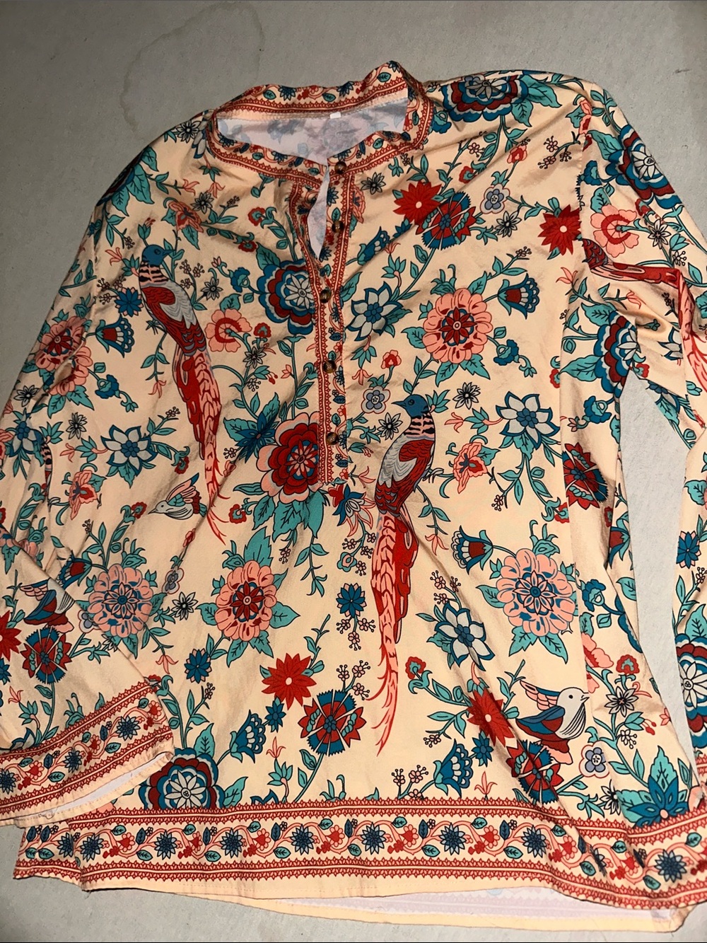 Womens Size XL Floral Bird Print Long Sleeve Top - Peach
